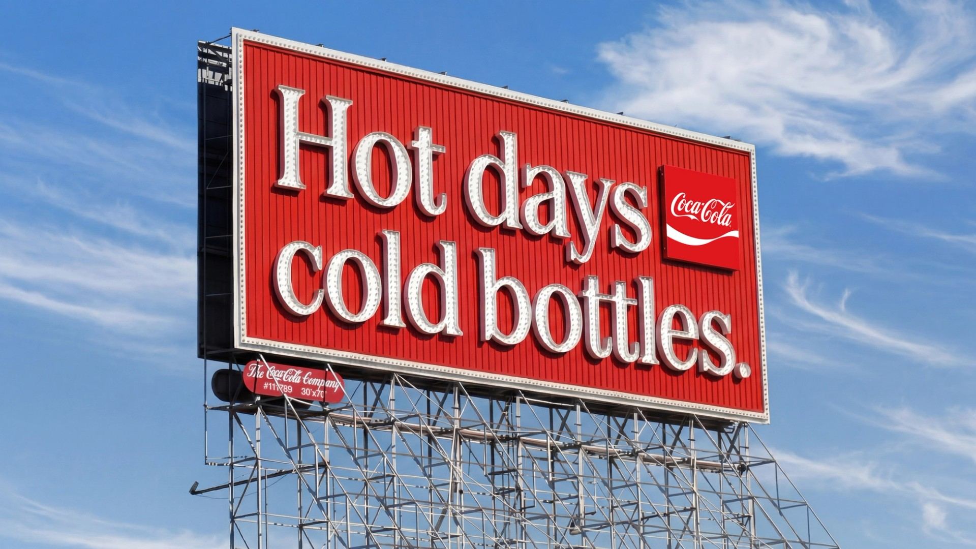 Official JKR project image of a red Coca-Cola billboard using the Better With serif for the words Hot days cold bottles.