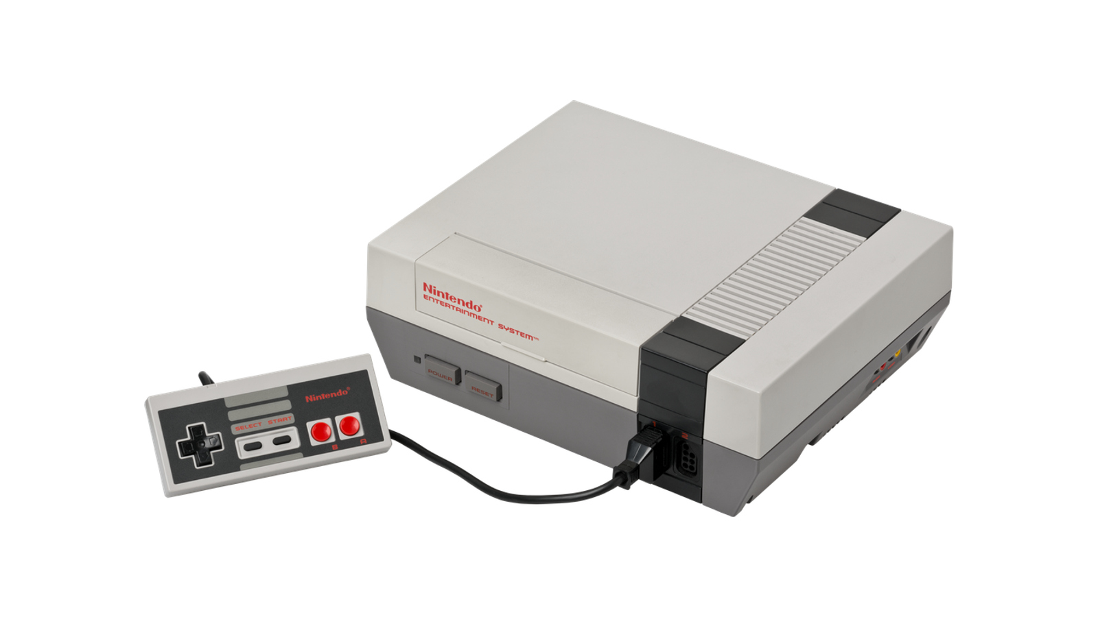 Nintendo Entertainment System console and controller on a clean white background.