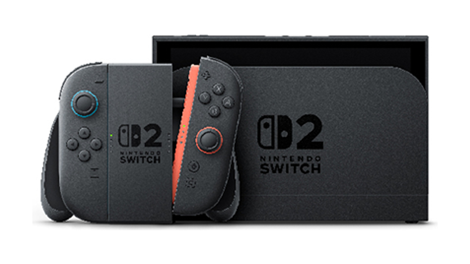 Nintendo Switch 2 console, dock, and controllers on a clean white background.