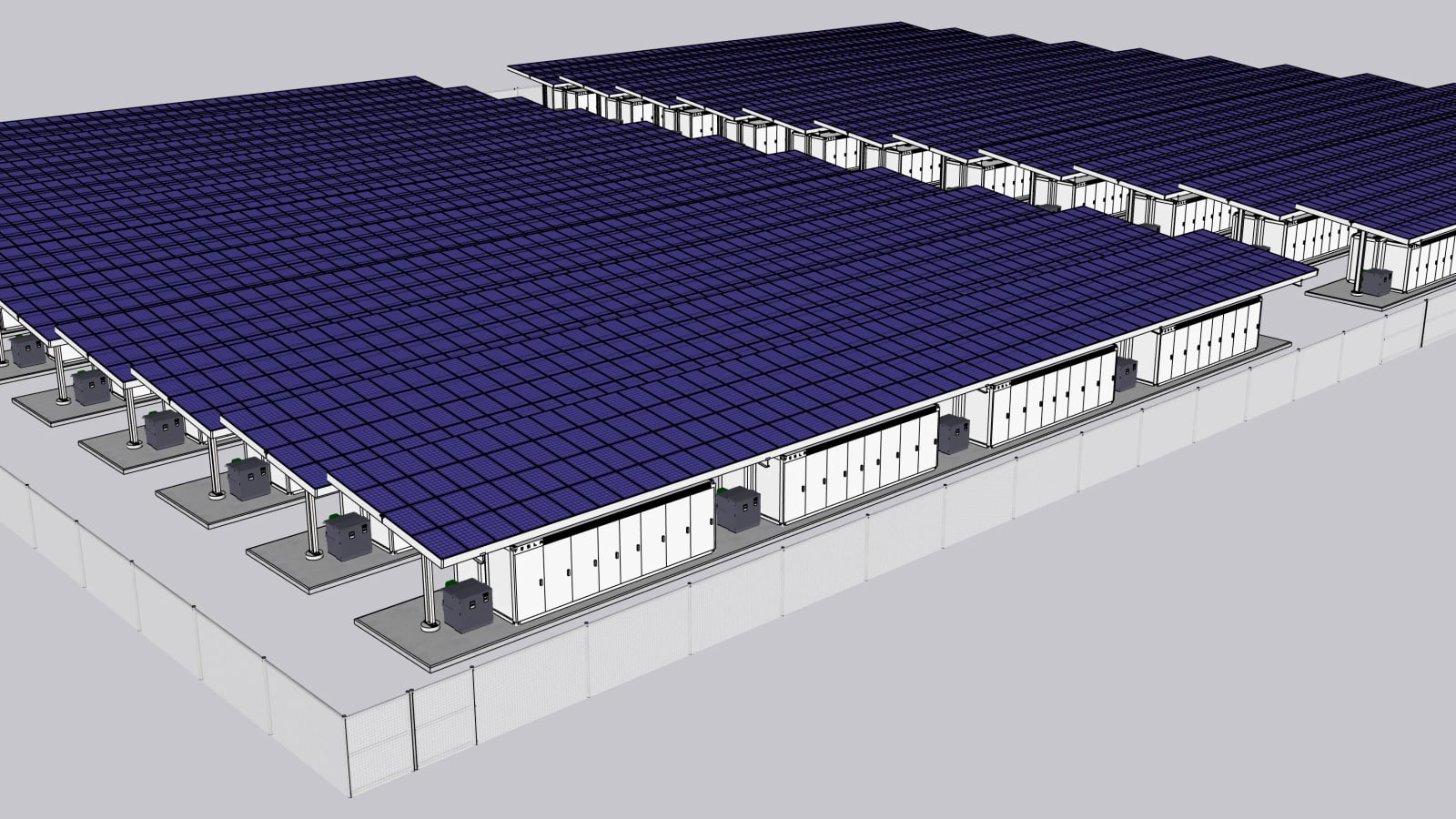 Tesla Megapack battery storage units operating with solar canopies.
