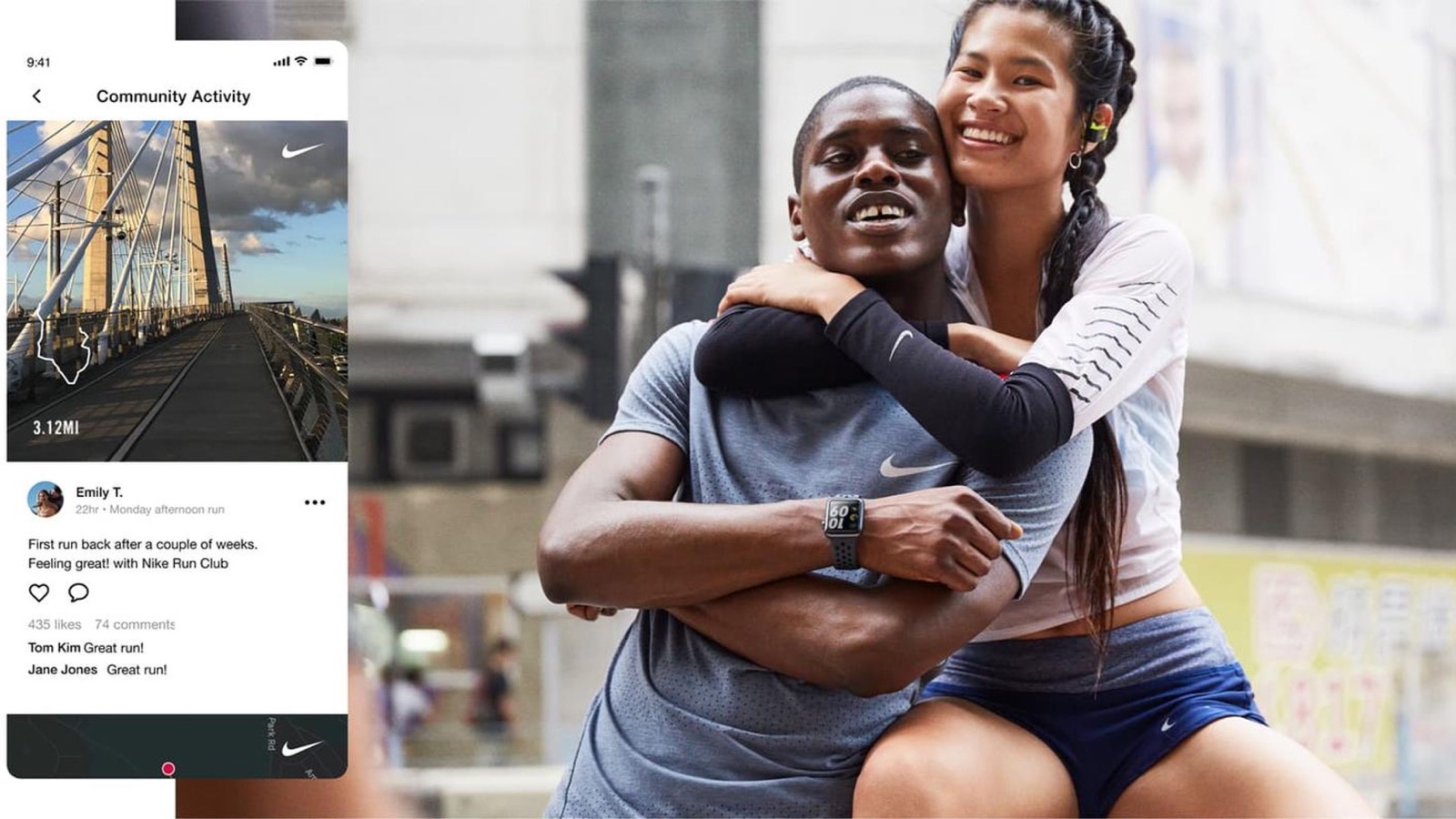 Official Nike Run Club image combining the app's community activity screen with two runners.