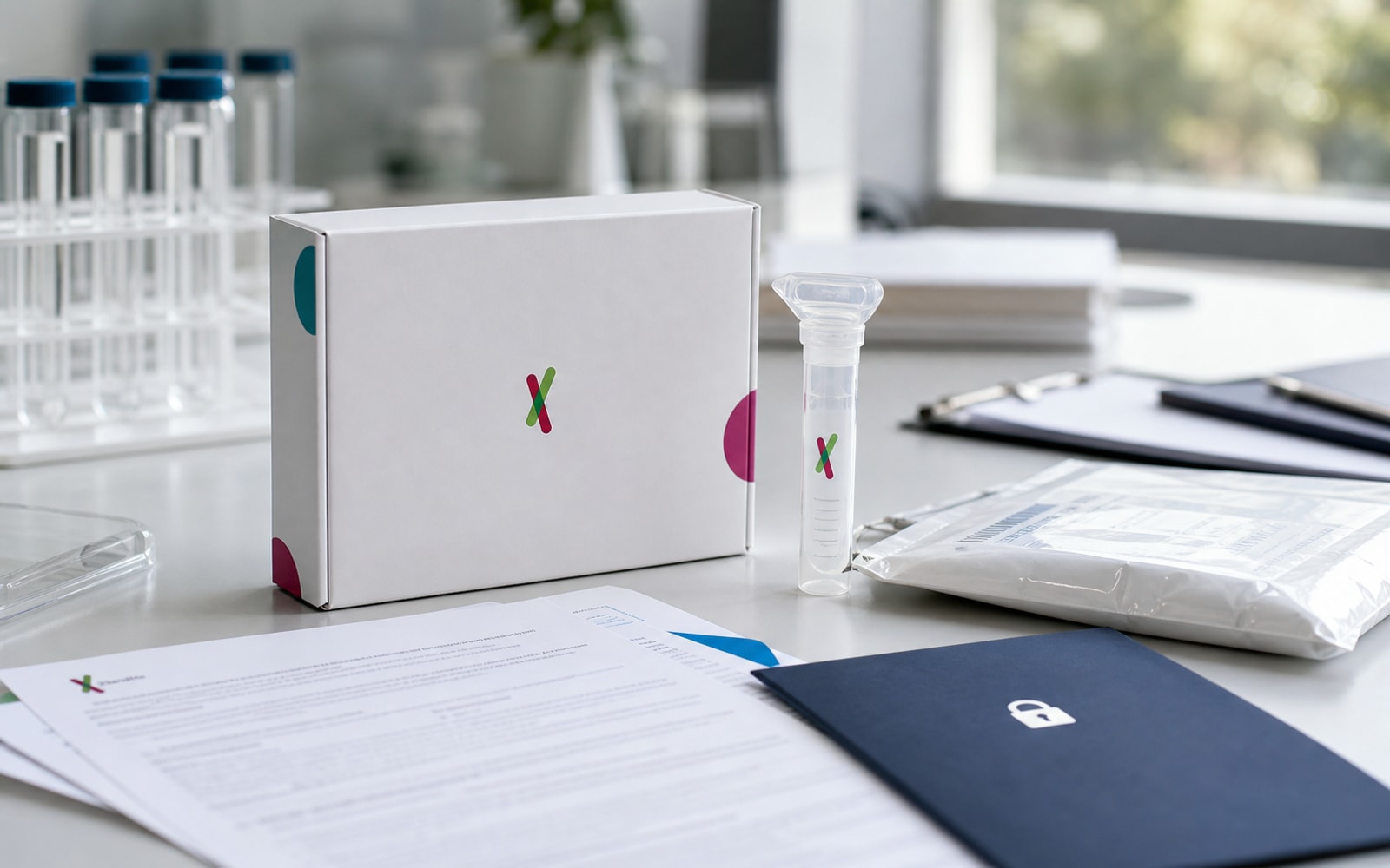 A 23andMe DNA kit, report cards, consent files, and secured research-data surfaces arranged as a bankruptcy trust case.