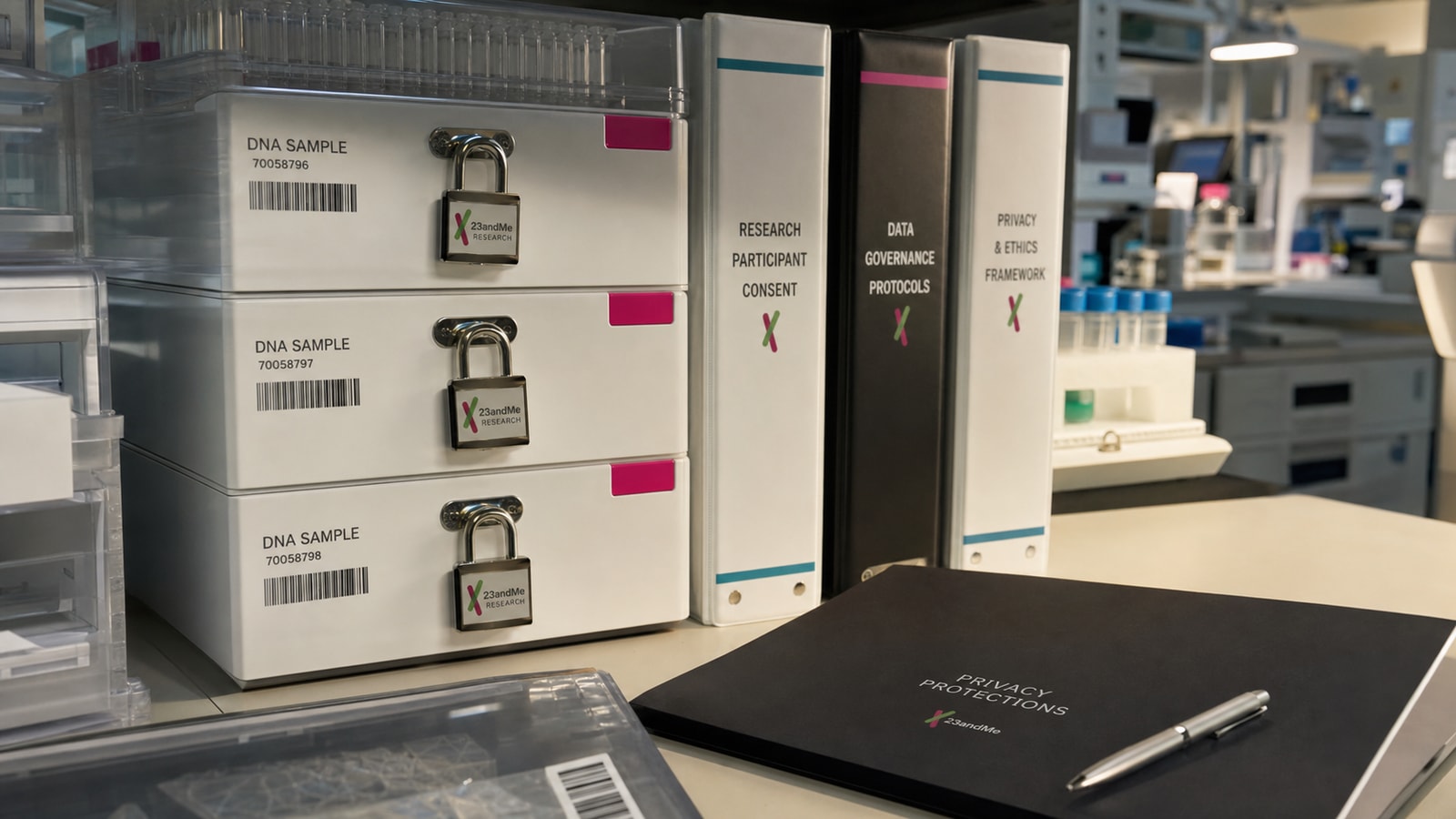 A secure genetics research room with 23andMe-branded kit boxes and consent records.