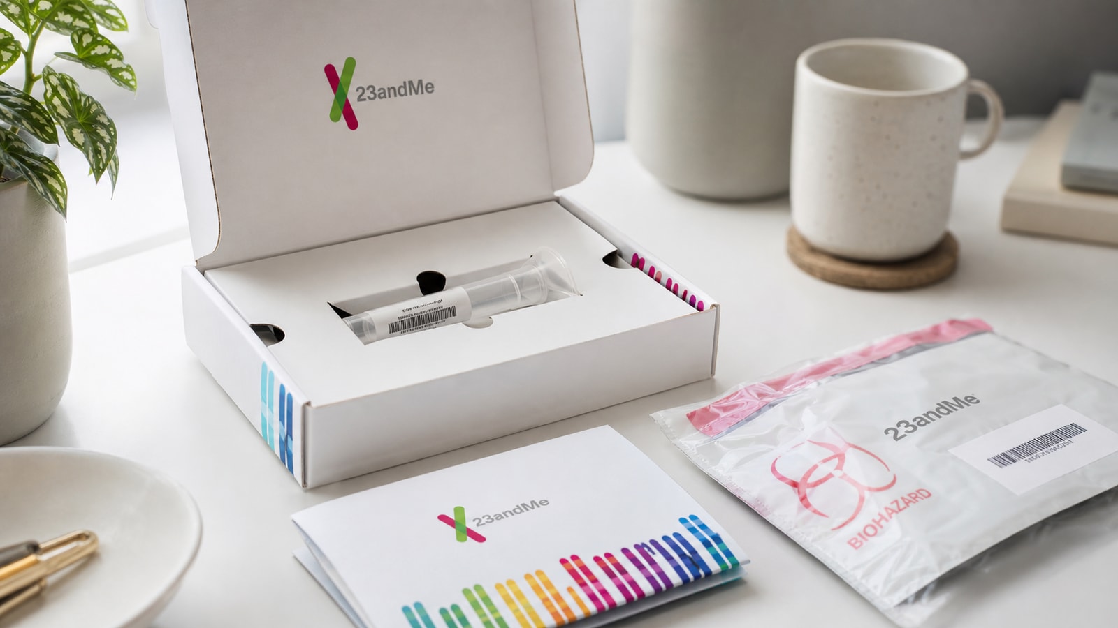 A 23andMe saliva kit and sample tube beside health and ancestry report cards.