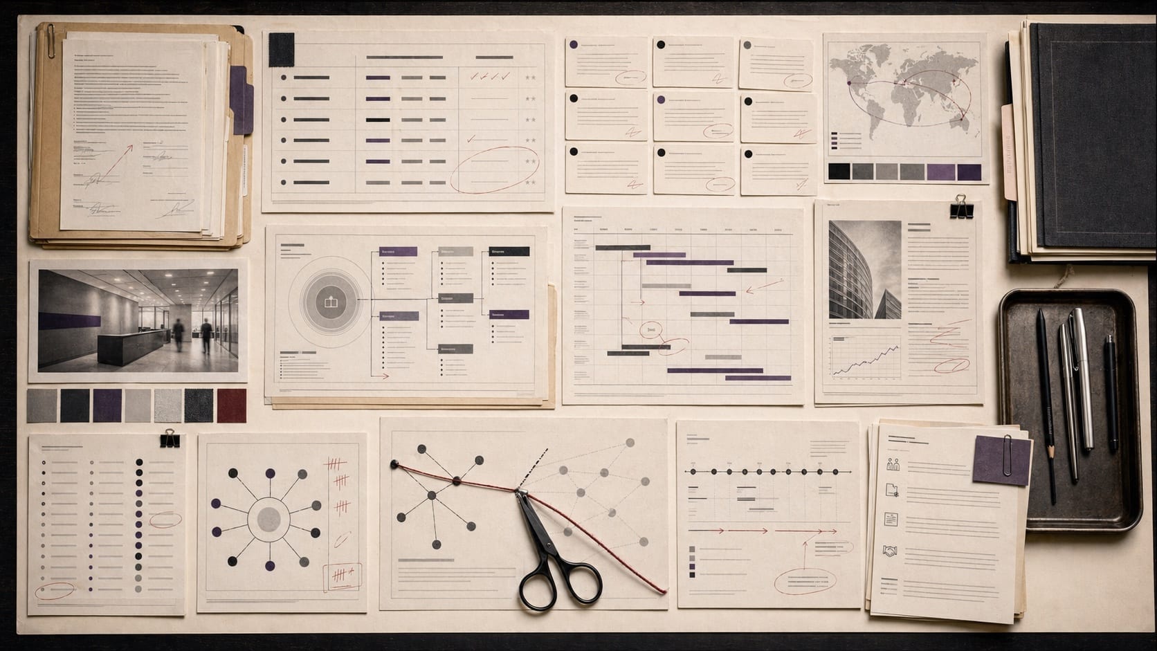 Premium editorial still-life of consulting rename files, legal separation folders, naming shortlist boards, global launch calendars, client transition notes, and a cut reputation-risk thread