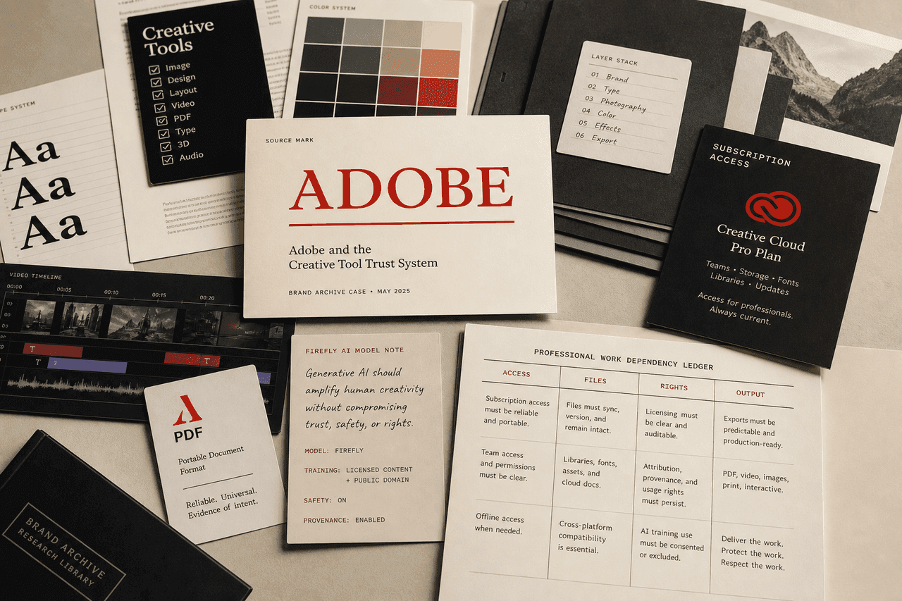 Premium editorial still-life of an Adobe brand system case with Adobe source-mark card, creative tool checklist, color swatches, typography sheet, timeline strip, PDF card, Creative Cloud access card, Firefly AI note, and work dependency ledger