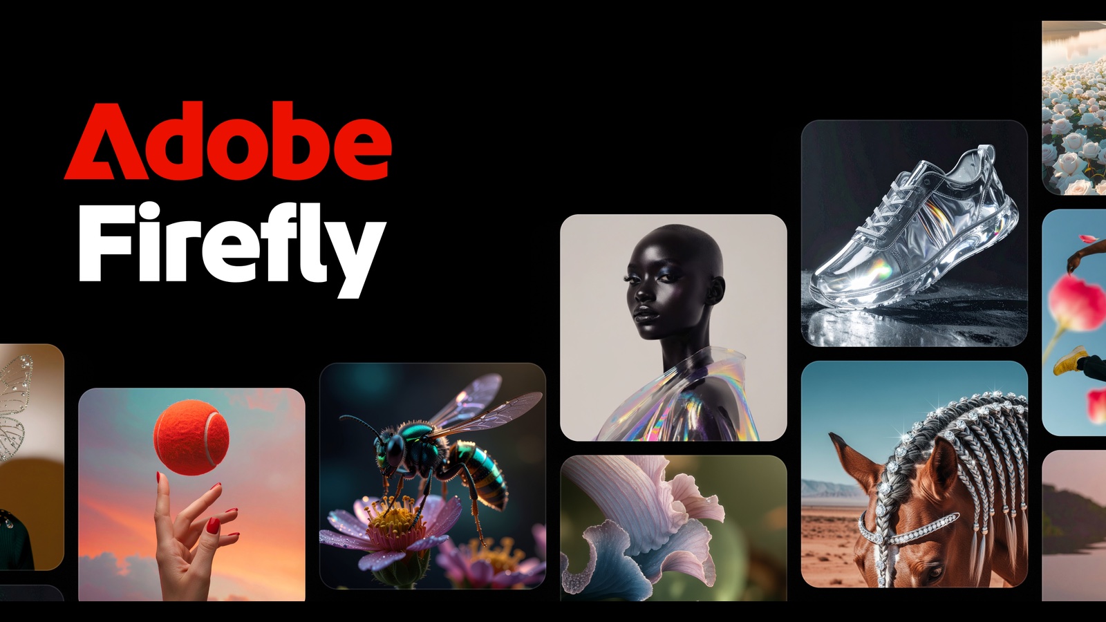 Official Adobe Firefly product artwork showing varied generated fashion, product, animal, and botanical images.