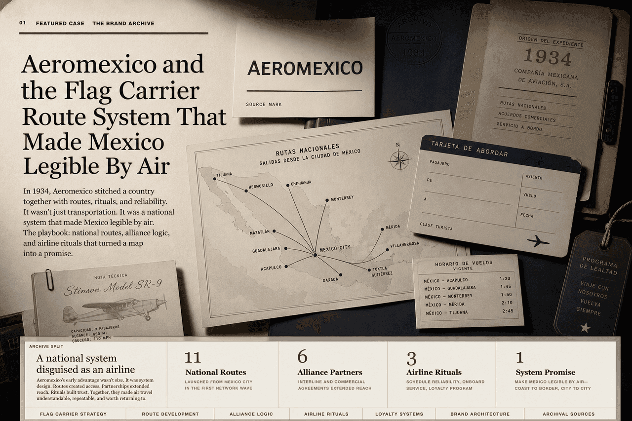 Premium editorial still-life of an Aeromexico flag carrier route case with source-mark card, aircraft tail silhouette, Mexico route map, blank boarding pass, schedule card, 1934 origin file, Stinson aircraft note, and loyalty tag