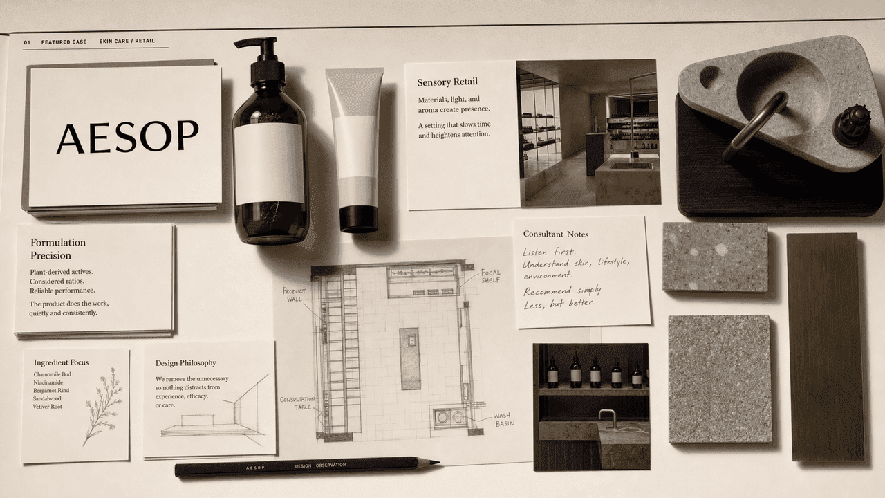 Premium editorial still-life of an Aesop sensory skin-care retail case with source-mark card, amber bottle, tube, ingredient notes, store plan, material swatches, basin detail, and consultant card