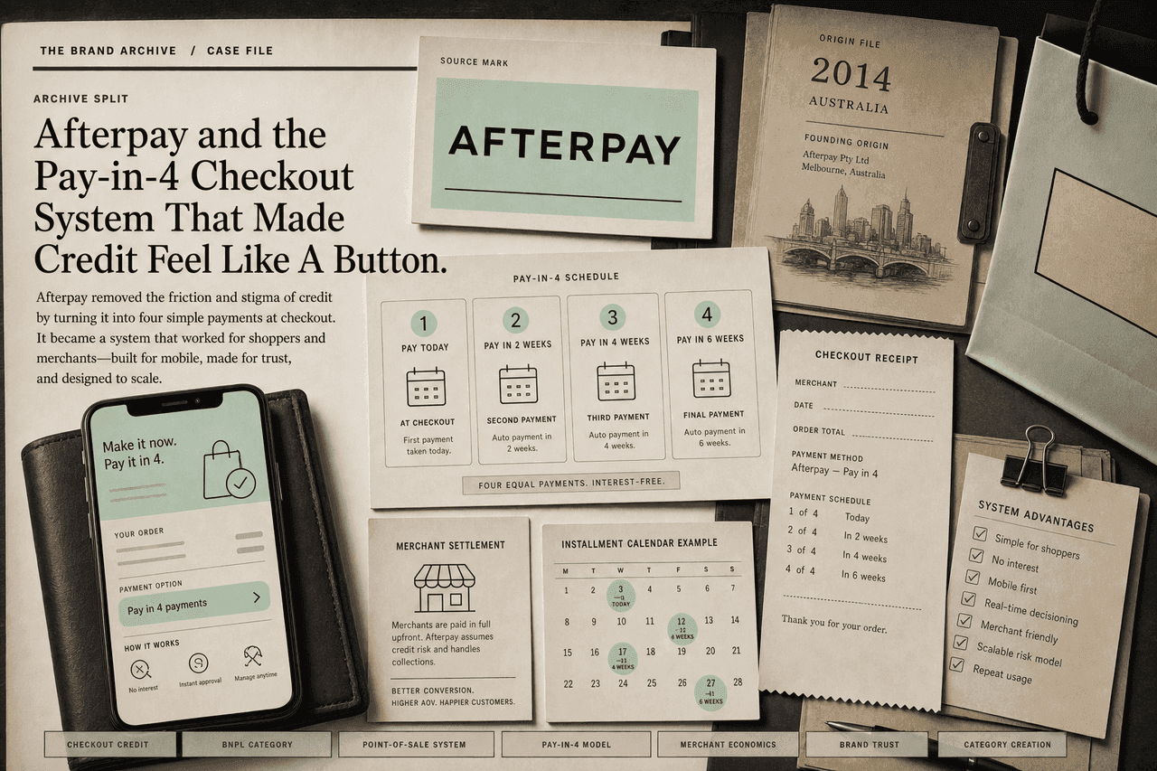 Premium editorial still-life of an Afterpay Pay-in-4 checkout case with source-mark card, four-payment schedule cards, blank checkout receipt, shopping bag, app screen mockup, merchant settlement note, 2014 origin file, and installment calendar