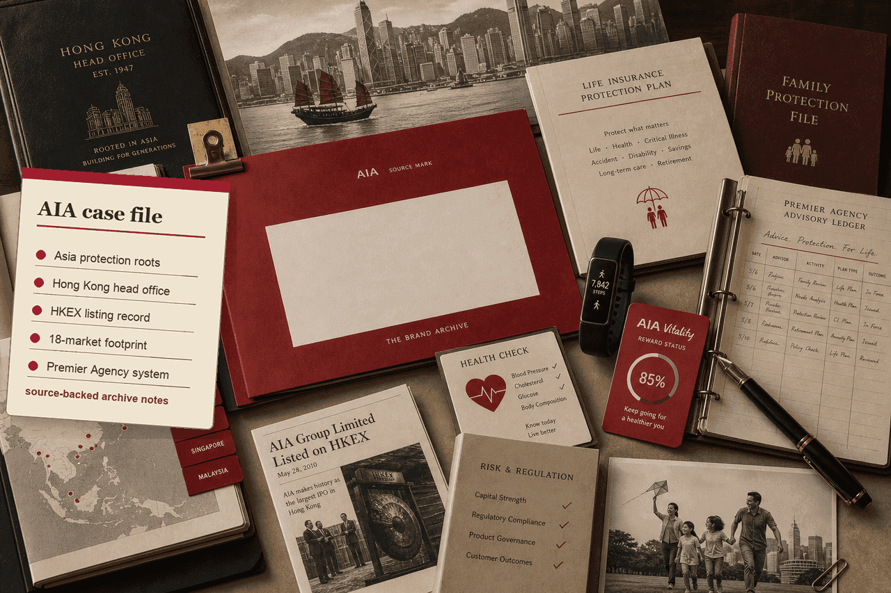 Premium AI-generated editorial table still-life for the AIA case with Hong Kong skyline, red AIA source-mark folder, life insurance protection plan, family protection file, Premier Agency advisory ledger, Vitality reward card, health check card, Asia-Pacific market tabs, and risk regulation folder