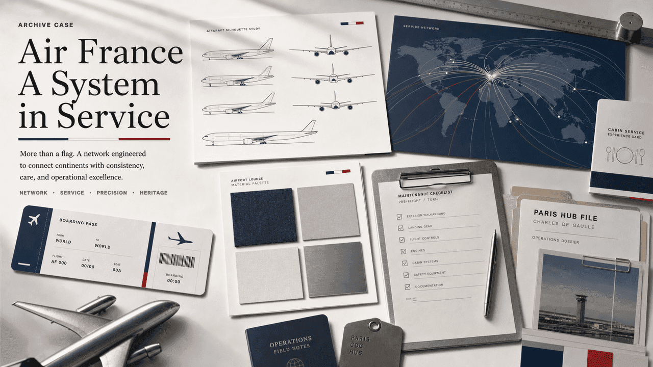 Premium editorial still-life of an Air France flag-carrier service case with aircraft silhouette study, route map, boarding pass dummy, cabin service card, lounge swatches, maintenance checklist, and Paris hub file