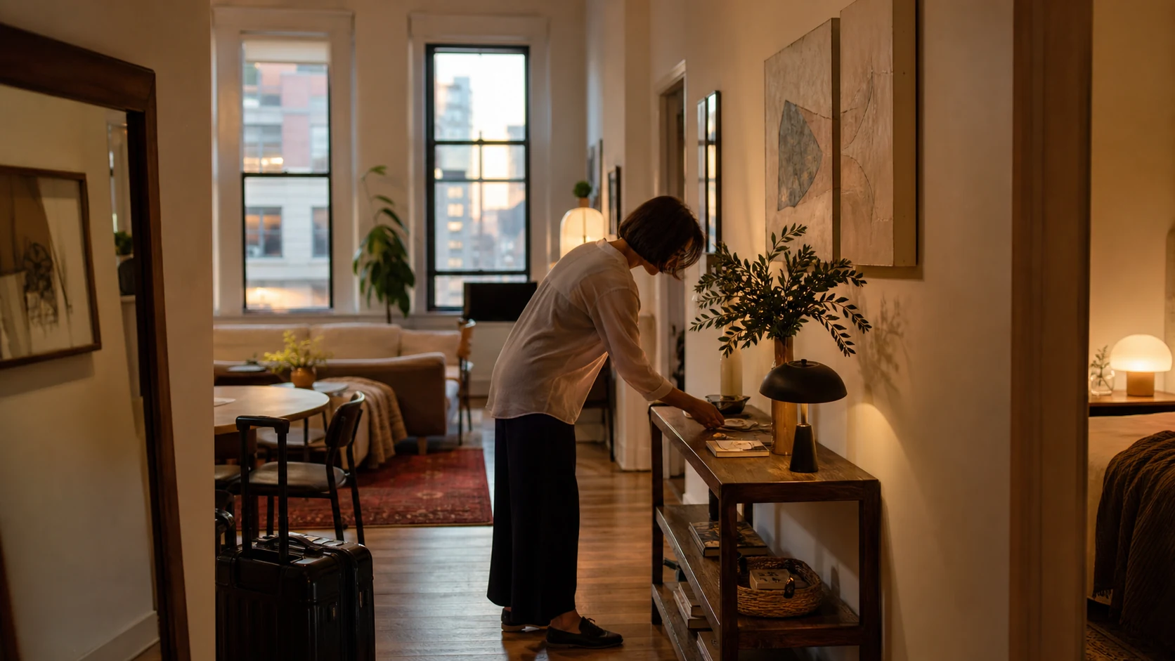 Host preparing a warm apartment arrival area before a guest checks in.