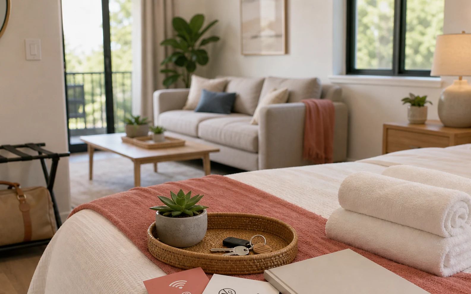 Airbnb stay proof visual showing a prepared home surface and guest trust cues.