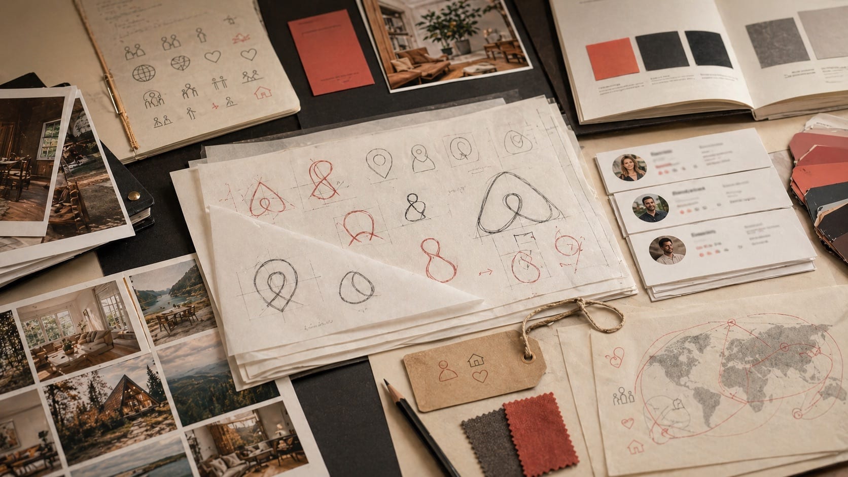 Premium editorial still-life of an Airbnb Belo rebrand case with source-mark card, host cards, guest trust notes, booking route sheets, home-stay evidence, and symbol study