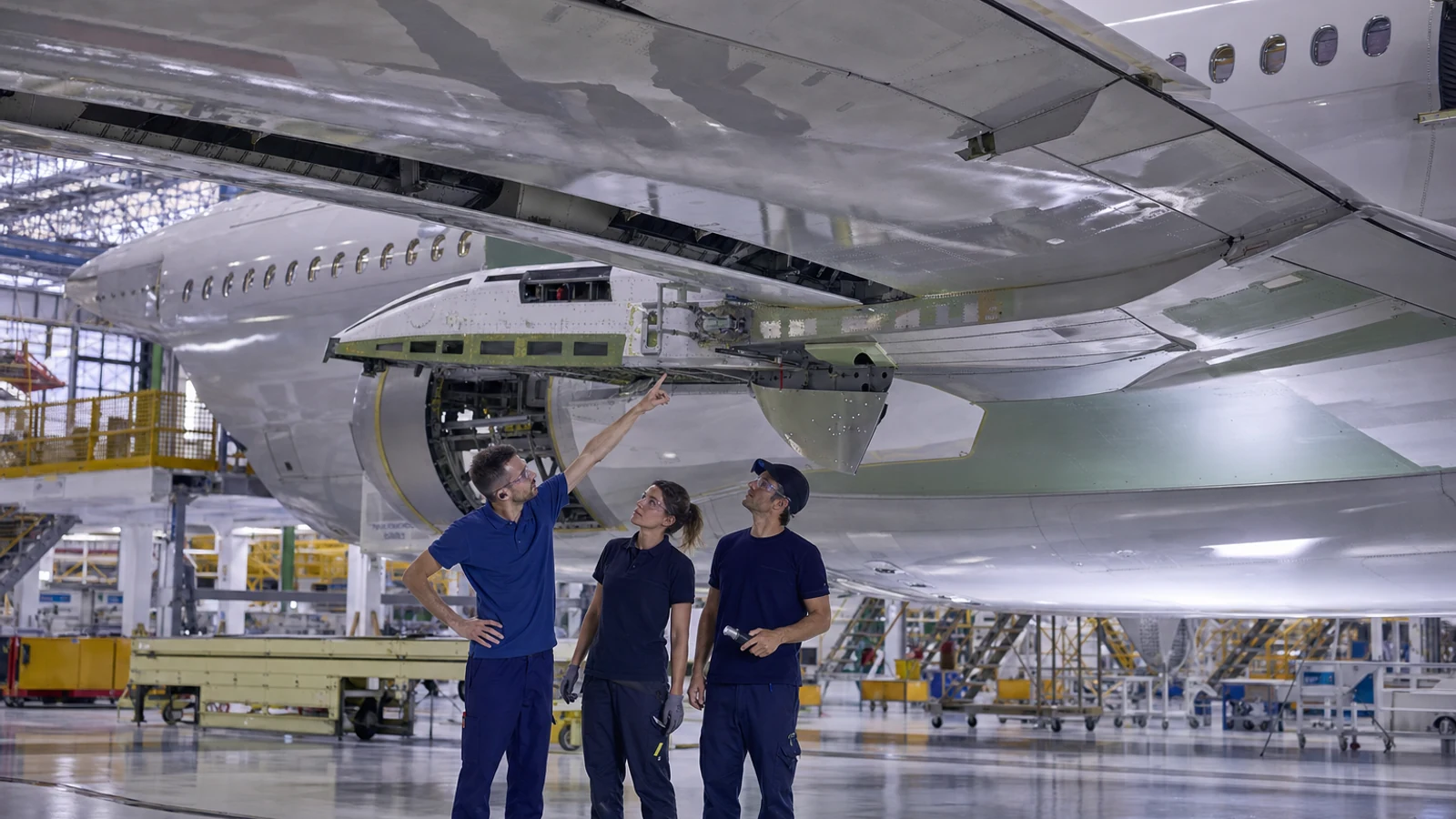 Engineers inspecting a widebody wing and fuselage during final assembly.