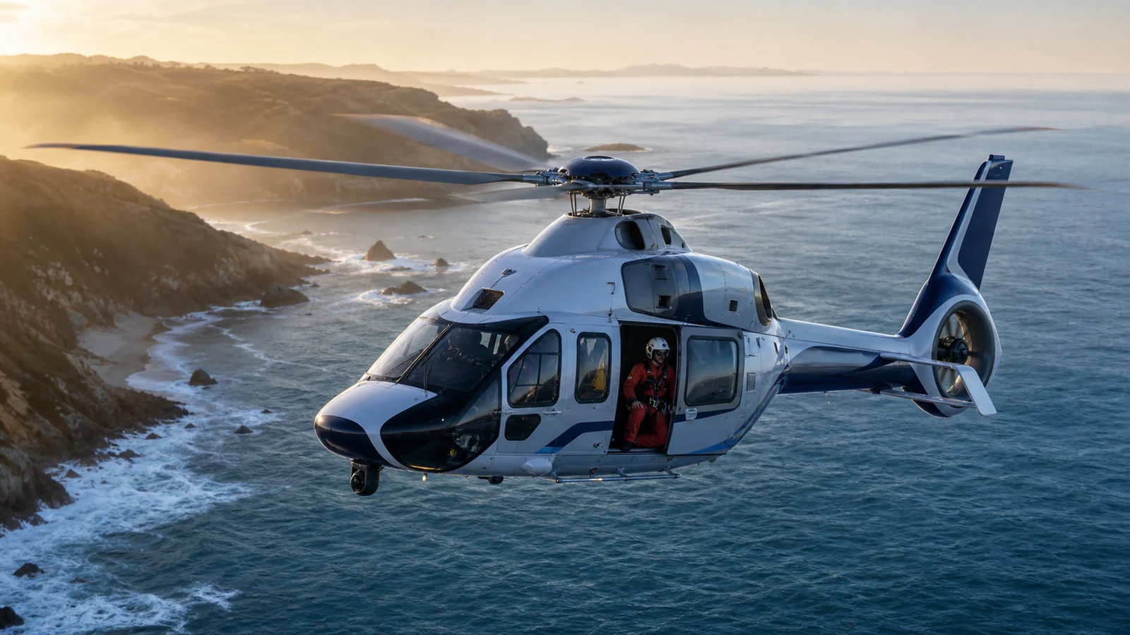 H160-class helicopter flying a coastal search-and-rescue mission at morning light.