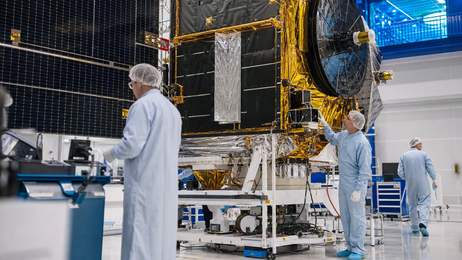 Engineers inspecting a communications satellite inside a clean integration facility.