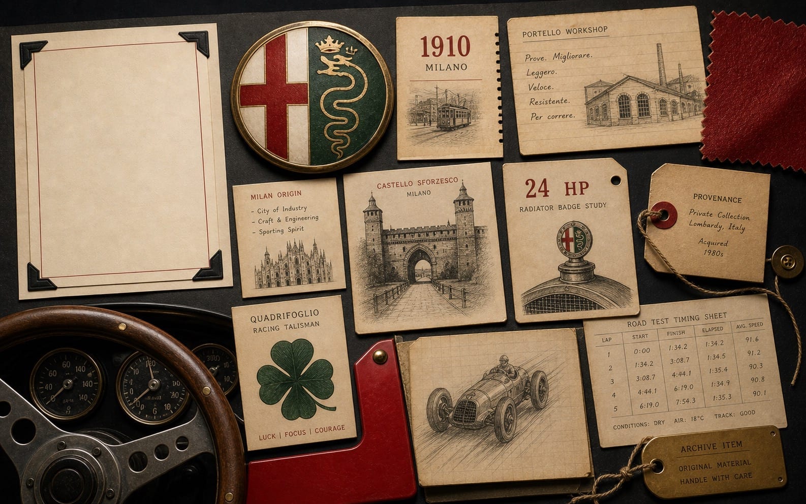 Premium editorial still-life of an Alfa Romeo Milan badge case with split red-cross and serpent badge study, 1910 Milan card, Portello workshop note, 24 HP radiator badge card, Castello Sforzesco sketch, Quadrifoglio card, steering wheel, red bodywork swatch, and road-test timing sheet