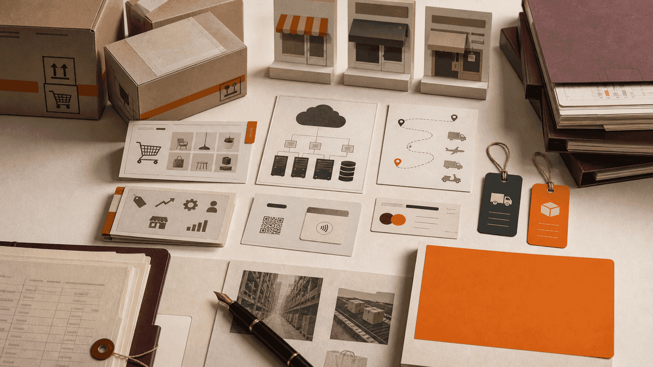 Premium editorial still-life of an Alibaba commerce infrastructure case with parcel boxes, storefront cards, merchant tools, cloud diagram cards, logistics route tags, payment artifacts, and orange source-mark card