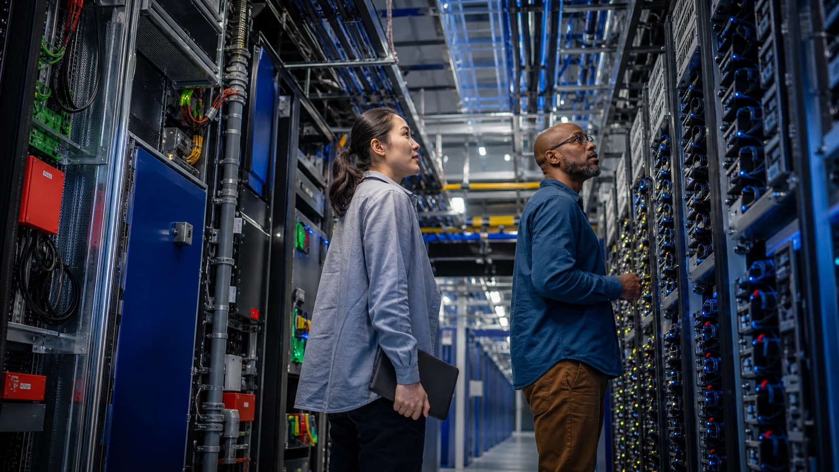 Engineers inspecting cooling, power, fiber, and server hardware in a hyperscale data center.