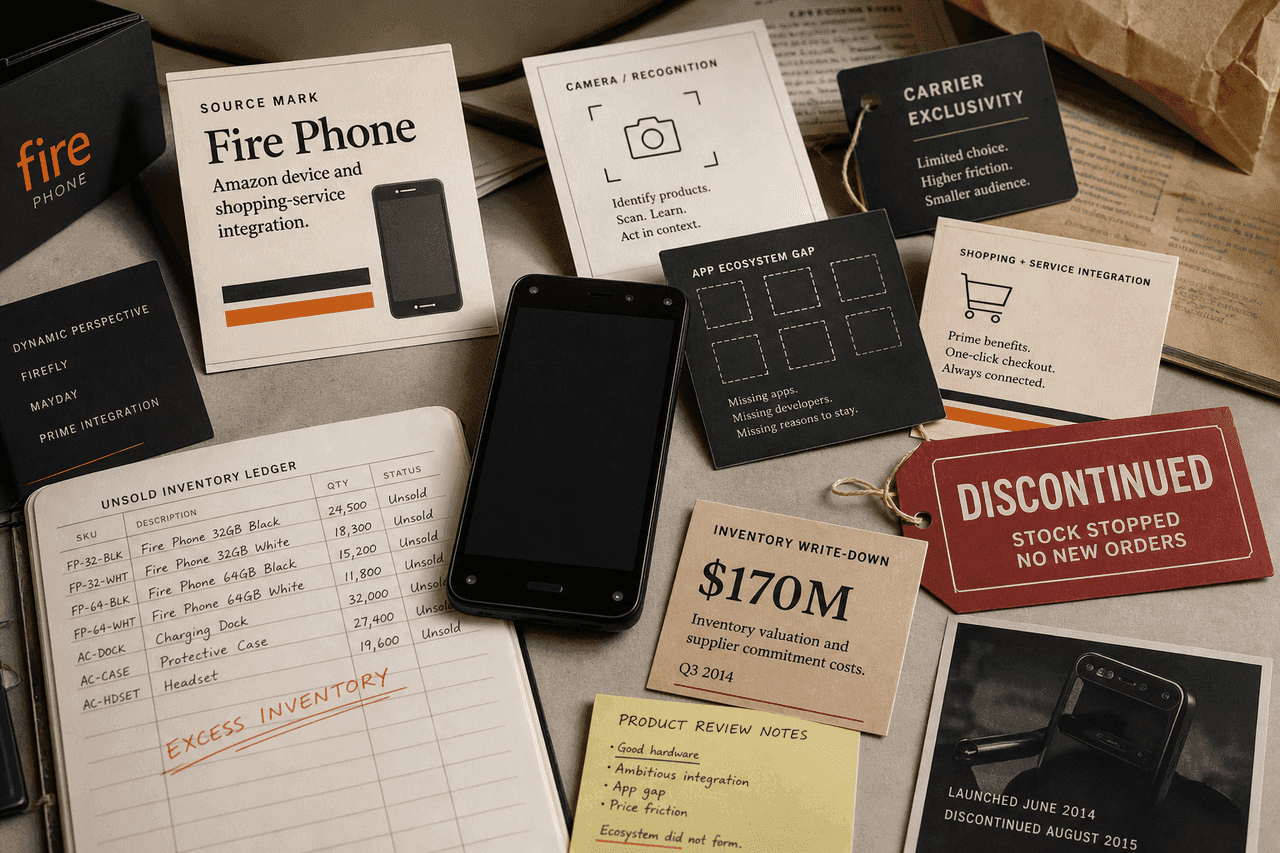 Amazon Fire Phone editorial visual with smartphone ecosystem, app gap, and category-entry failure notes.