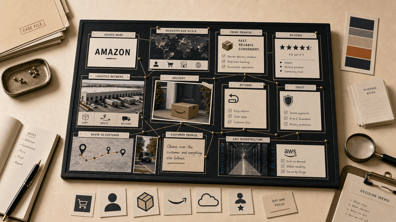 Premium editorial still-life of an Amazon brand system case with Amazon source-mark card, parcel, Prime promise card, review ledger, delivery route map, returns card, AWS infrastructure card, logistics network, and trust notes