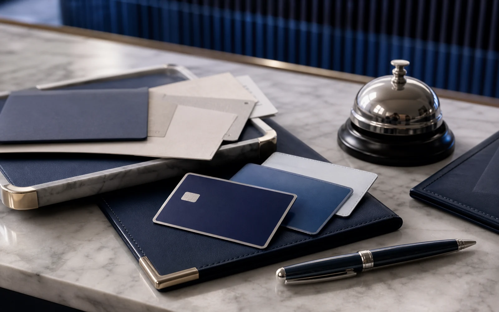 Premium travel and payment desk with blank blue cards and service objects, without logos, numbers, or legible text.