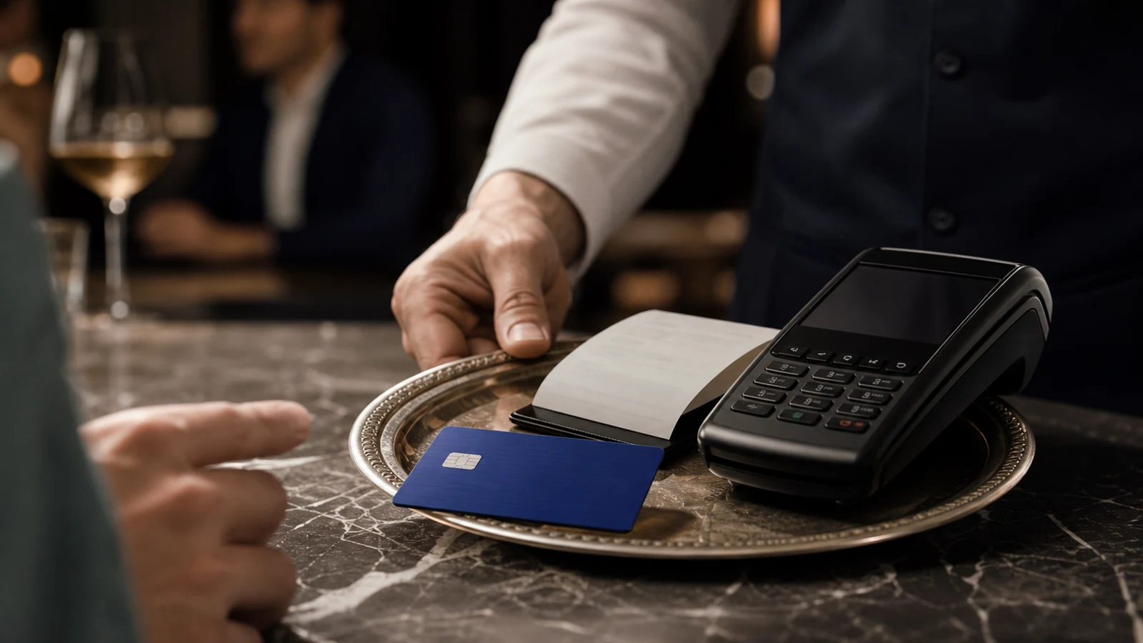 Upscale checkout scene with blank blue payment card and no logos or legible data.