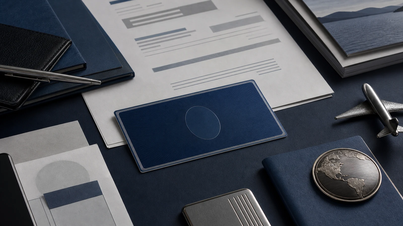 Premium rewards desk with blank statements and deep-blue card objects.