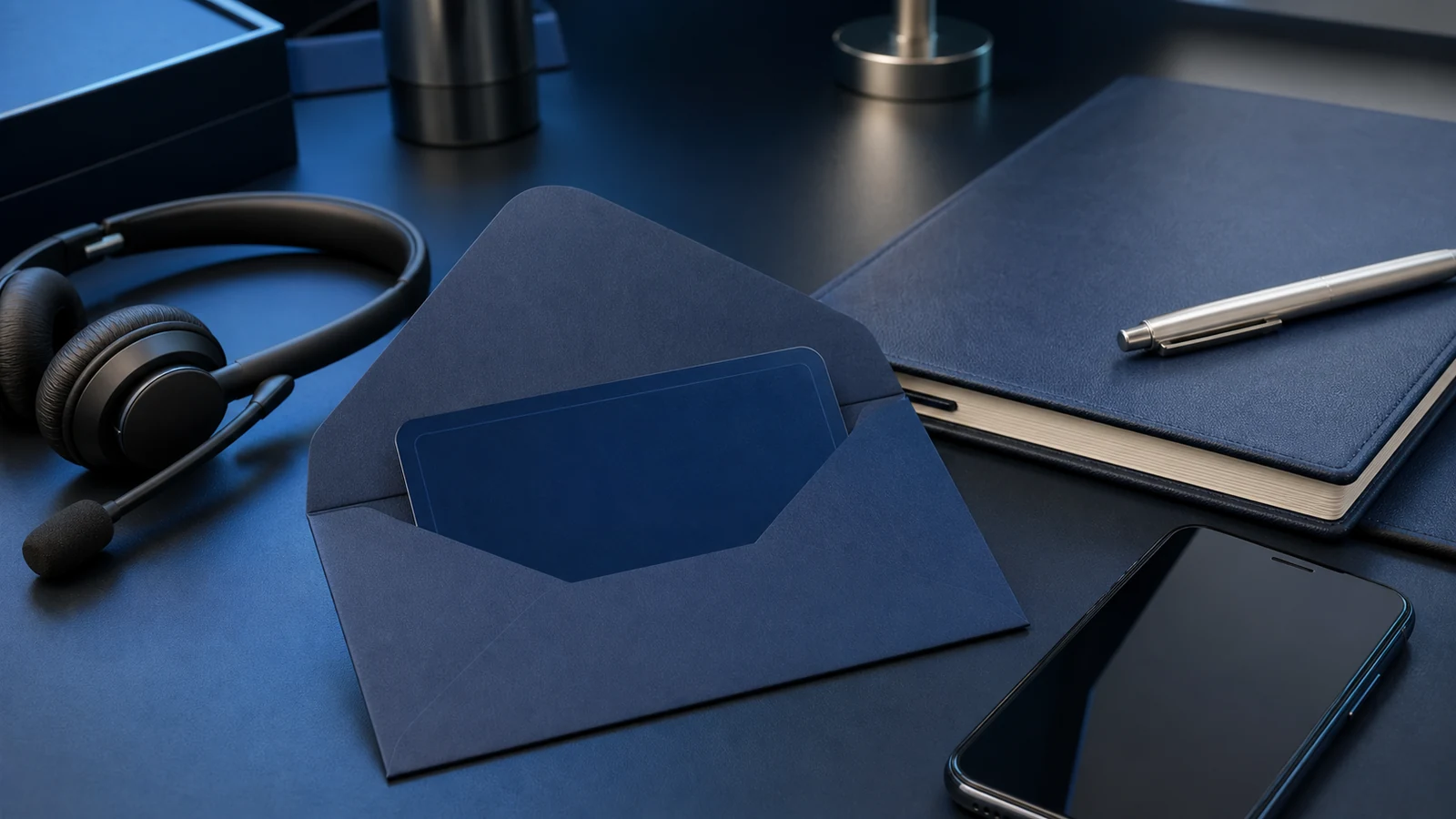Premium service desk with blank replacement card envelope and no legible text.