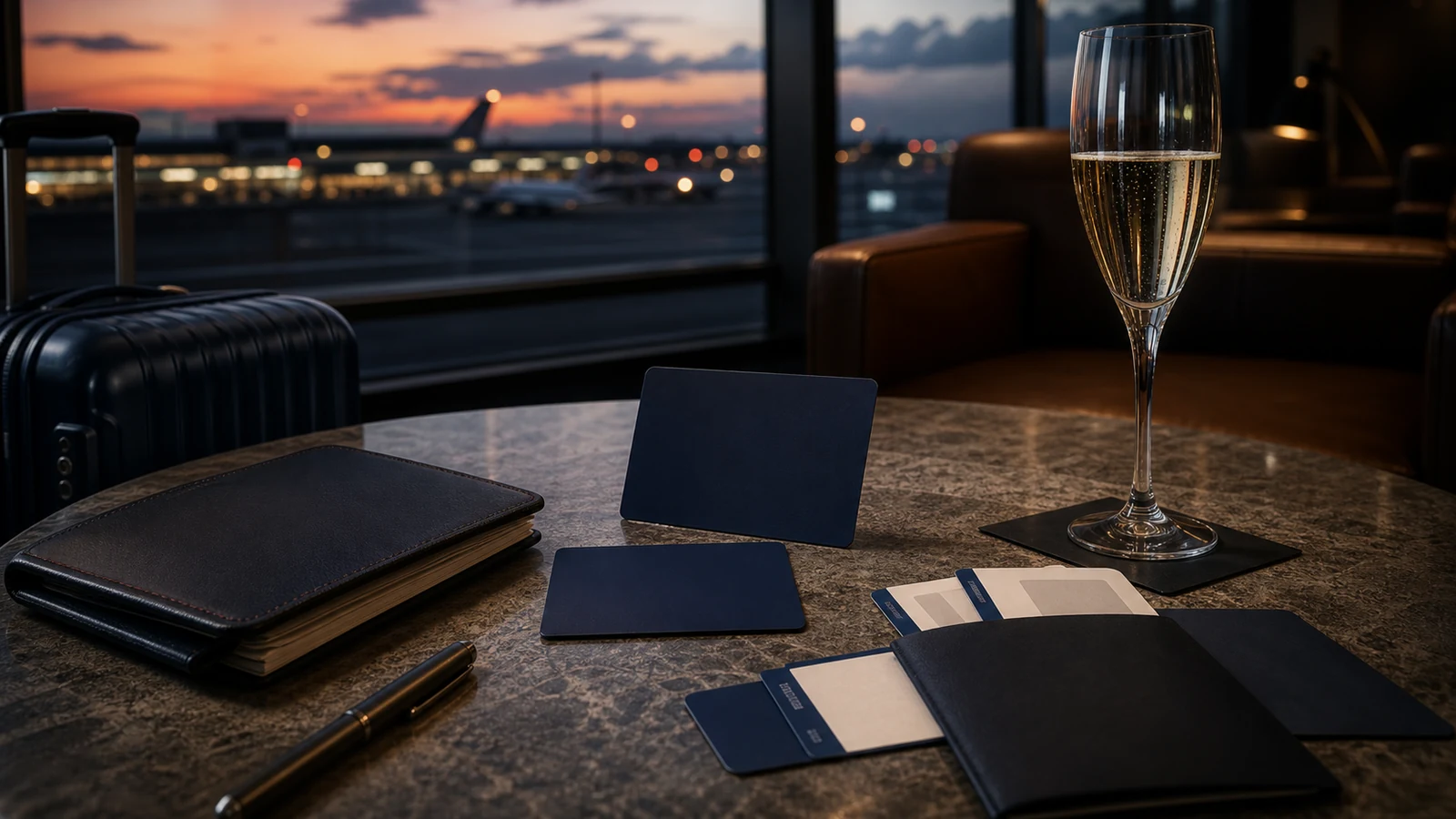 Airport lounge service scene with blank blue cards and no legible travel documents.