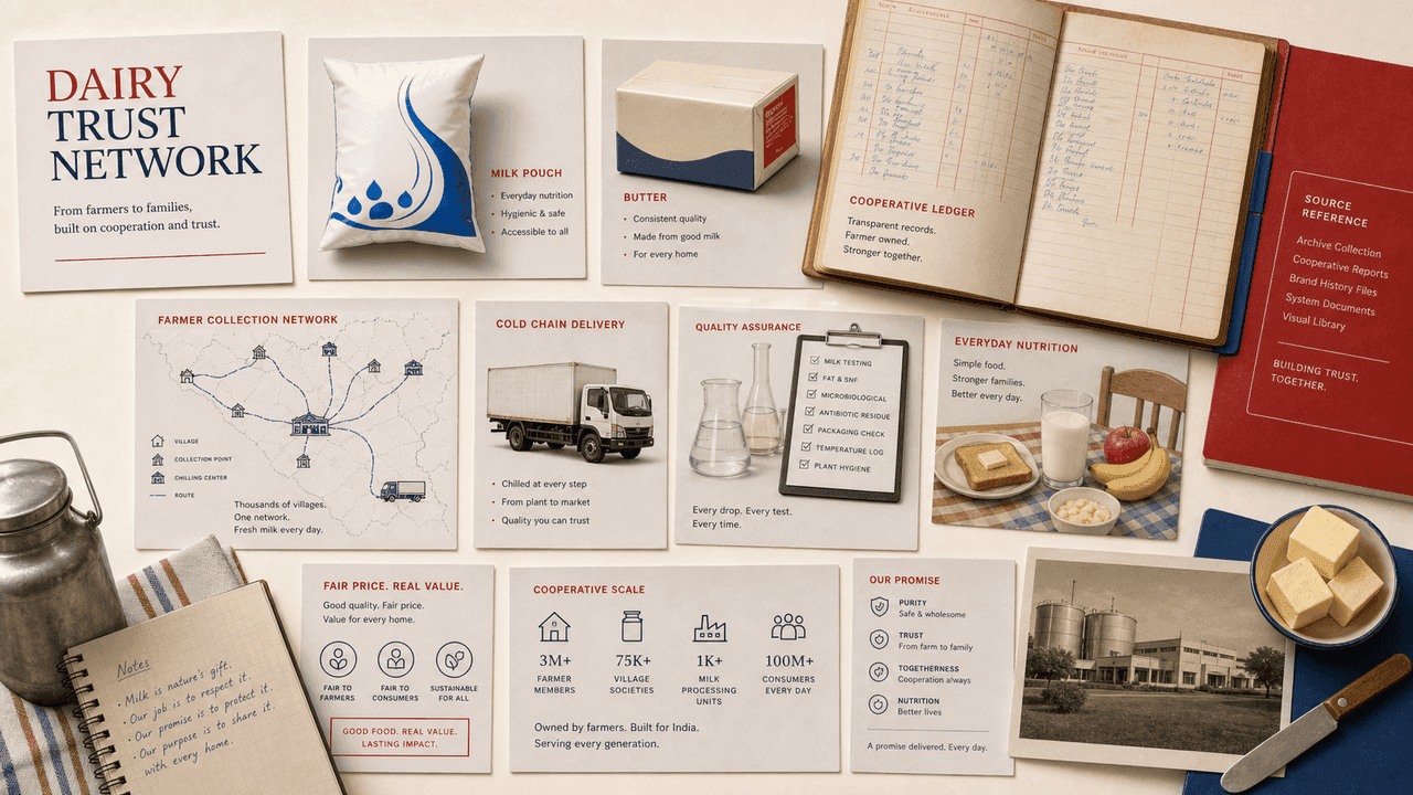 Premium editorial still-life of an Amul dairy cooperative trust case with milk pouch card, butter carton shape, cooperative ledger, farmer collection route map, cold-chain truck card, quality lab checklist, family breakfast diagram, and red-blue source-reference card