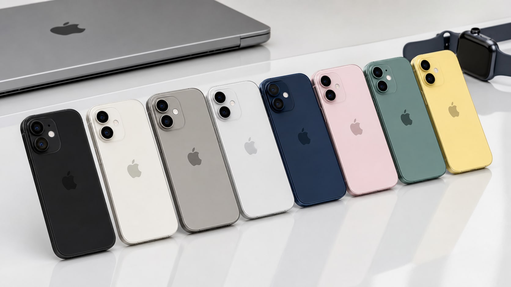 Realistic lineup of iPhone-style devices in black, white, silver, blue, pink, green, and yellow finishes with MacBook and Apple Watch context.
