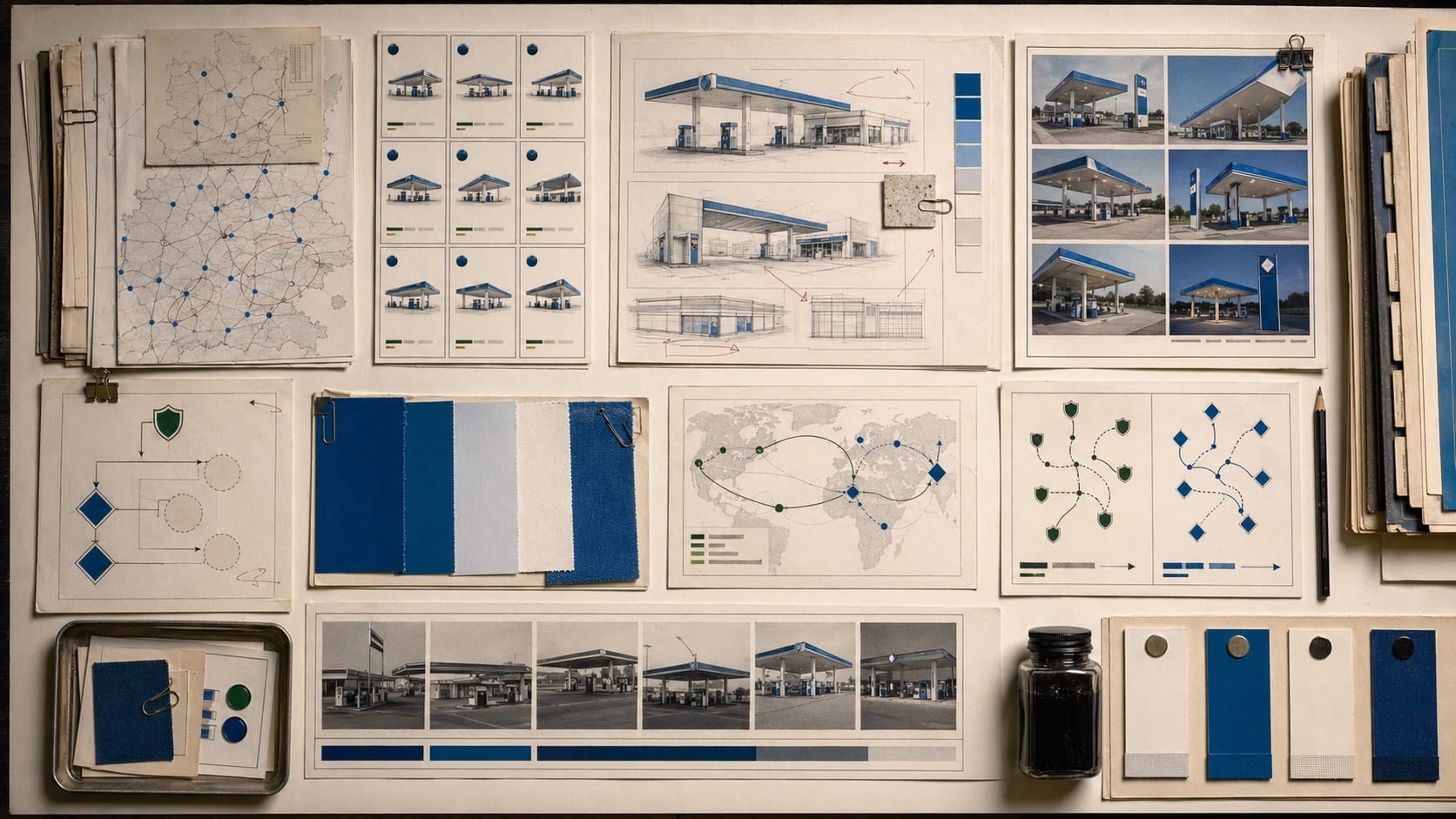 Premium editorial still-life of a German fuel-retail network map, blue-white station architecture studies, local-equity cards, acquisition route diagrams, and forecourt color swatches
