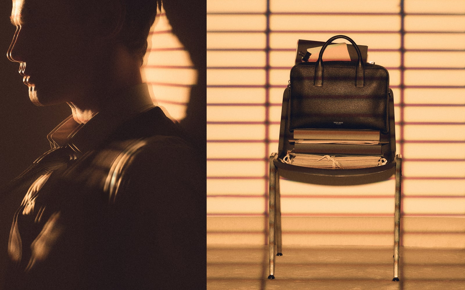 Giorgio Armani fashion and leather-goods scene built around warm restraint and precise material detail.