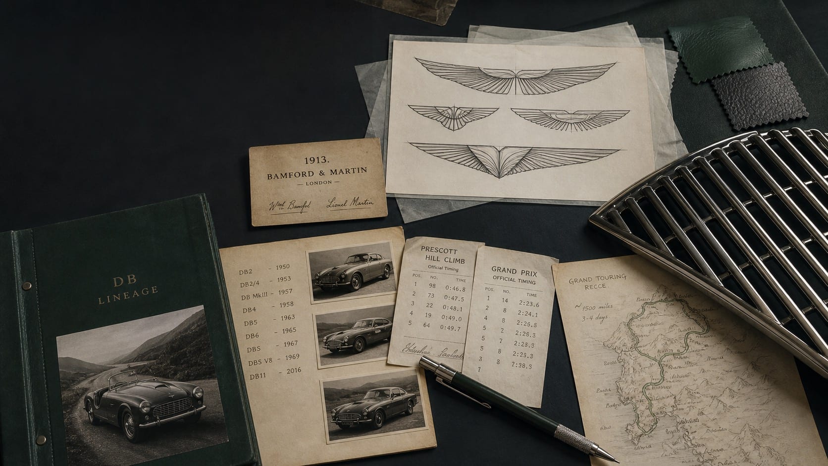 Premium editorial still-life of an Aston Martin wings case with generic wing emblem study, 1913 Bamford and Martin card, DB lineage notes, race timing slips, grand touring road map, metal grille texture, leather sample, and mechanical pencil