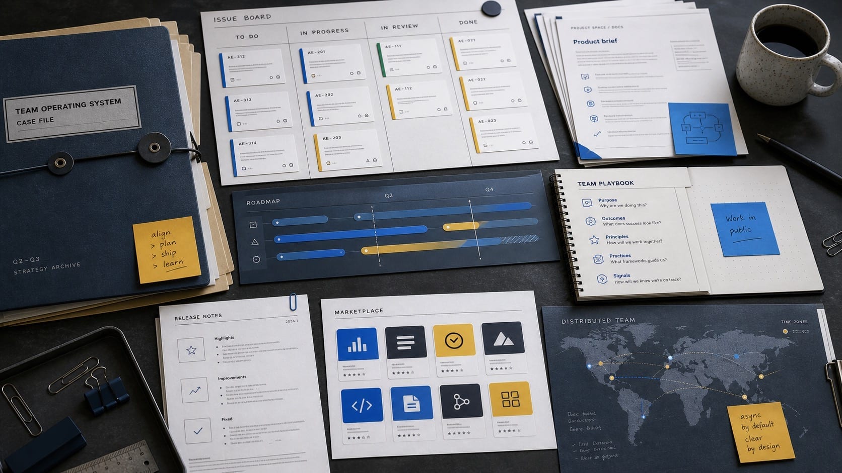 Premium editorial still-life of an Atlassian Jira Confluence team operating system case with source-mark card, issue-tracking board cards, documentation pages, roadmap strips, team playbook prompts, release notes, marketplace tiles, and distributed work map