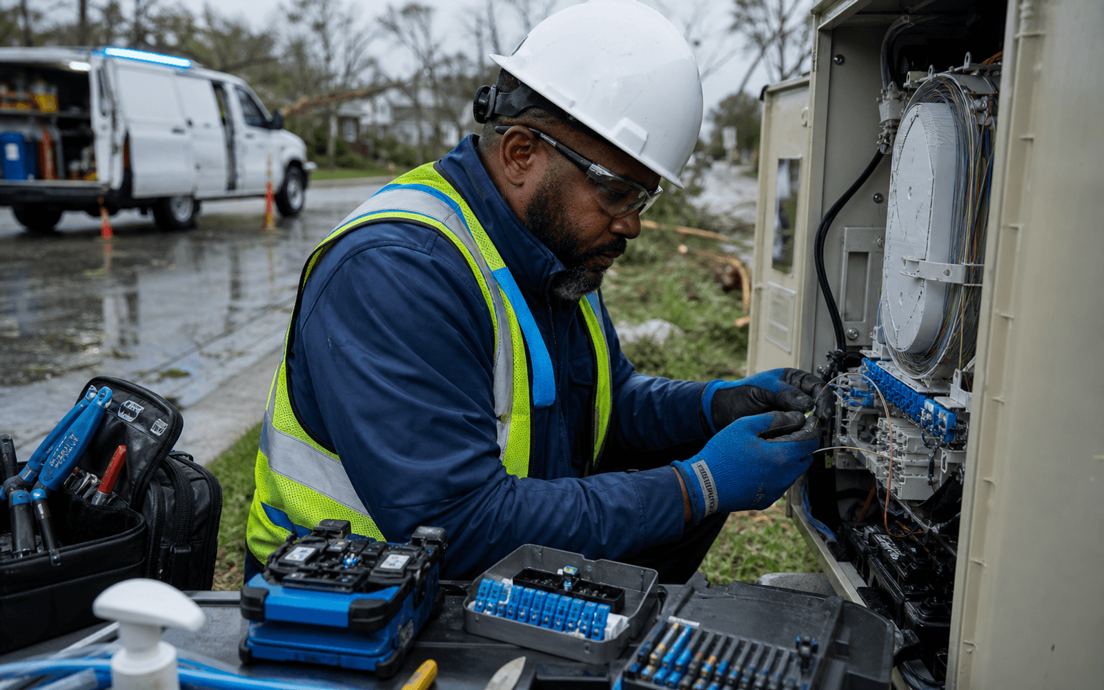 Photorealistic city connection scene linking a mobile device, fiber installation, business network, and public-safety communications without visible logos.