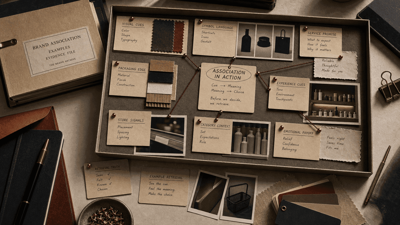 Premium archive-table still-life for brand association examples with visual cue, functional proof, emotional proof, category-language, and negative-association trays.