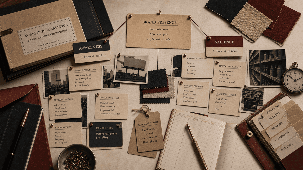 Premium archive-table still-life for brand awareness versus brand salience with recognition cards, buying-situation cues, memory triggers, and decision ledgers.