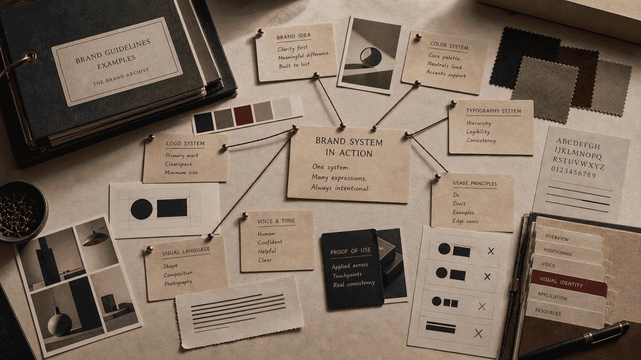 Brand guideline archive spread with color, type, asset, and usage notes.