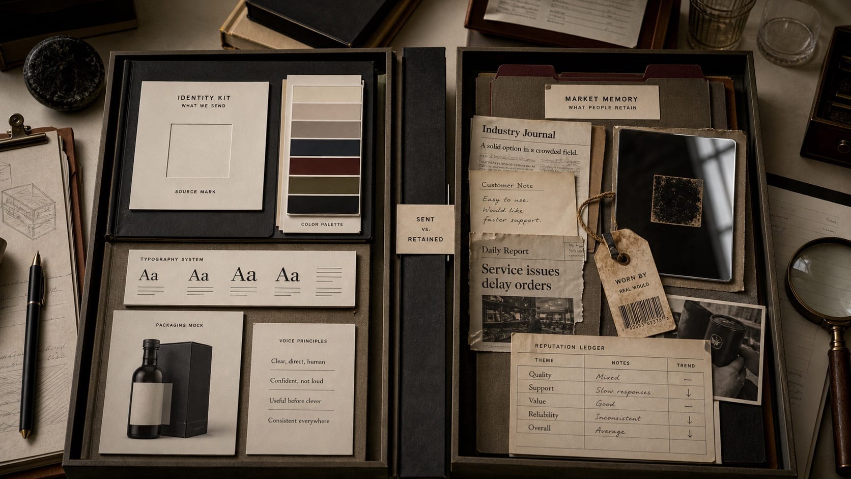 Premium archive-table still-life comparing sent brand identity cues with retained brand image, public memory notes, proof files, and mismatch markers.
