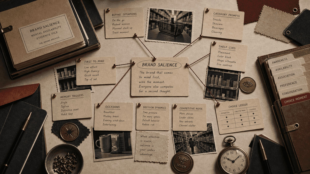 Premium archive-table still-life for brand salience with buying-situation cards, shelf cues, memory triggers, choice ledgers, and occasion notes.
