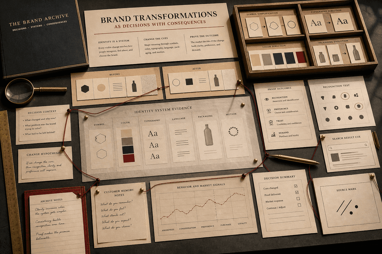 Premium archive-table still-life for brand transformations with cue cards, identity evidence, recognition tests, proof outcomes, and abstract source marks.