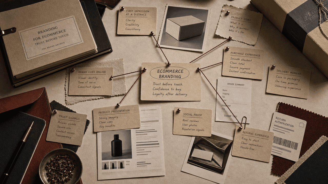 Premium archive-table still-life for ecommerce branding with parcel proof, product-page sheets, checkout receipts, return labels, and trust notes.