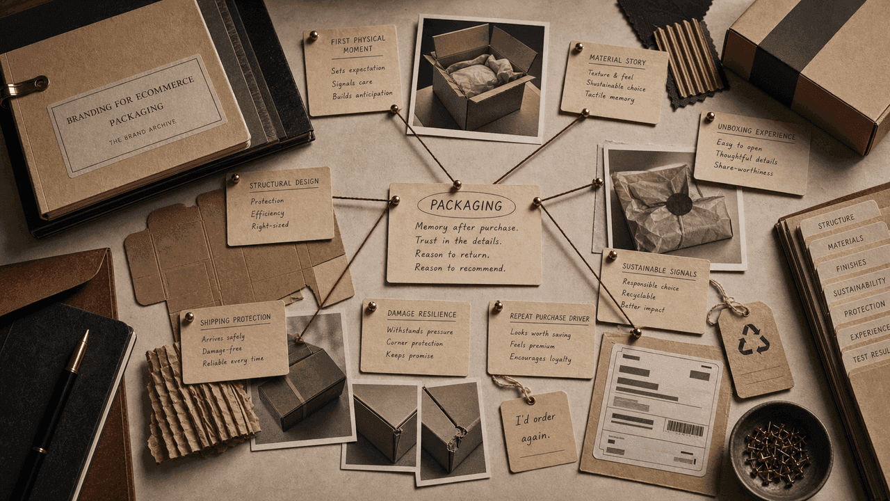 Premium archive-table still-life for ecommerce packaging with carton panels, tissue, material swatches, shipping labels, and repeat-purchase notes.