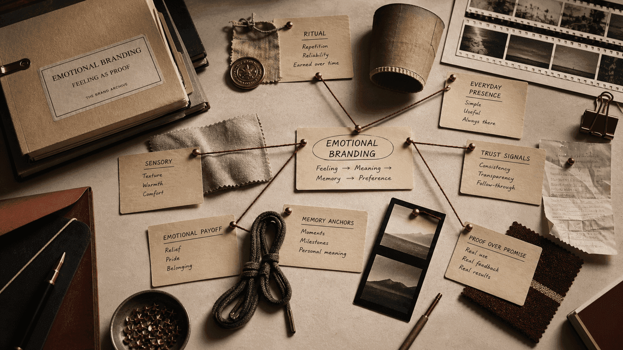 Premium archive-table still-life for emotional branding with ritual tokens, trust notes, memory anchors, fabric swatches, and oxblood evidence thread.