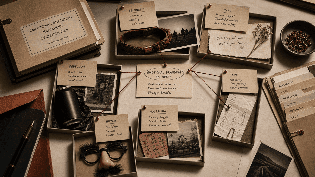 Premium archive-table still-life for emotional branding examples with case trays, belonging tokens, care notes, nostalgia artifacts, and proof pins.