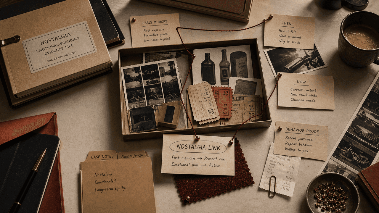 Premium archive-table still-life for nostalgia in emotional branding with memory-box artifacts, old tickets, current-use notes, and dated file tabs.